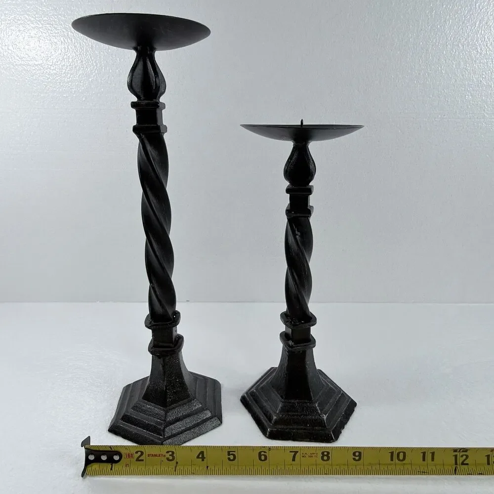 Vintage 2 Black Twist Cast Iron  Candle Holders 14